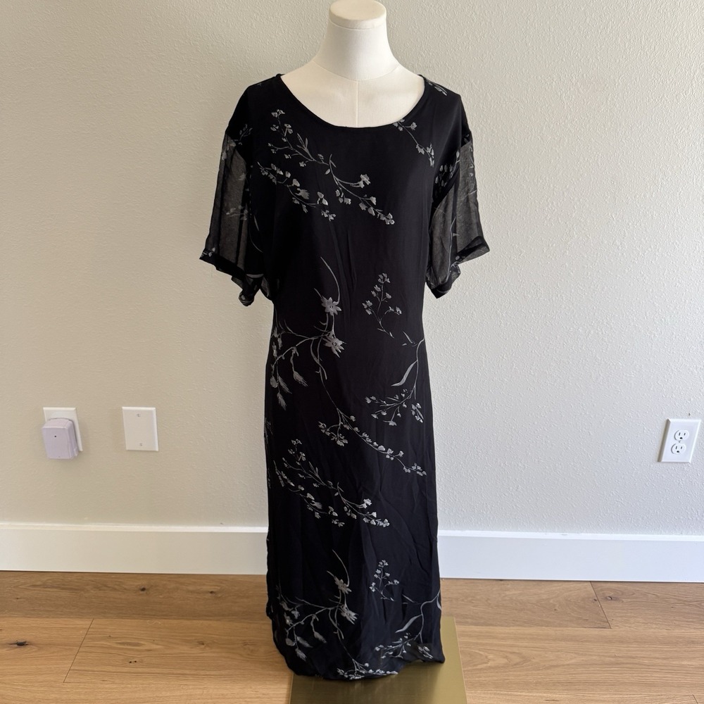 Vintage 90s Y2K Black White Dress Sz 2X Dark Fairy Floral Whimsigoth Semi Sheer